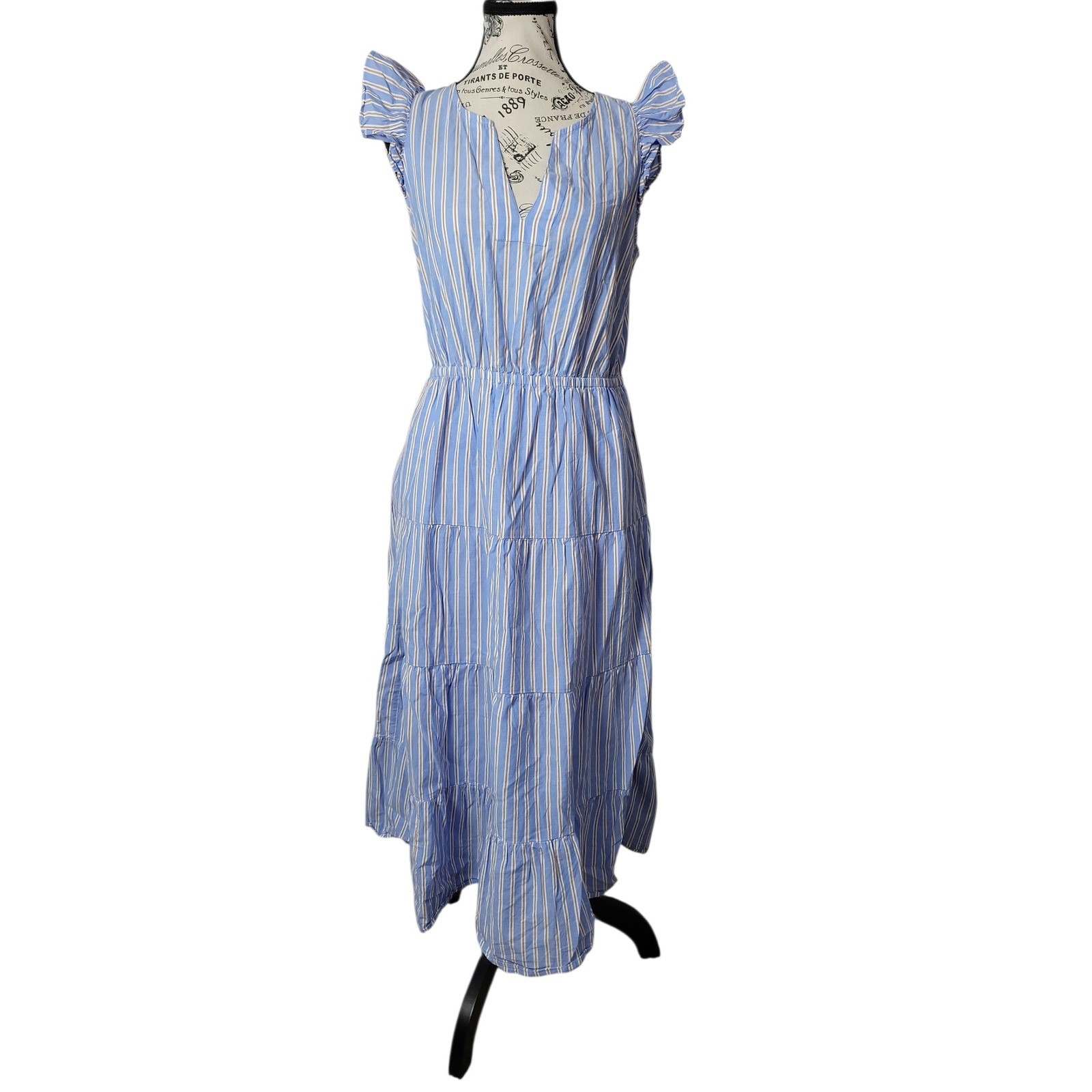 J.Crew Blue White Striped Tiered Midi Dress Split Neck Flutter Sleeve Size 6